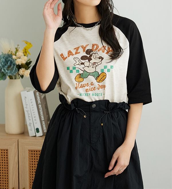 Disney＞【ミッキー】プリント7分丈ラグランTシャツ