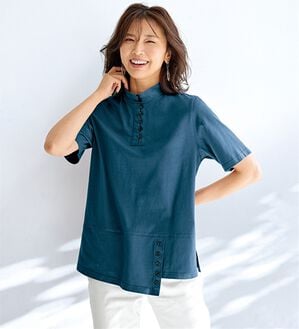 BELLUNA（ベルーナ）の「汗染み対策！綿１００％多ボタンハイネックＴシャツ（カットソー）」｜ターコイズ