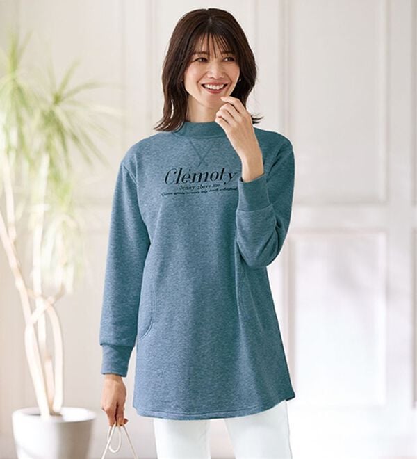 BELLUNA（ベルーナ）の「裏毛リブデザイン大人のロゴチュニック（カットソー）」｜杢ブルー