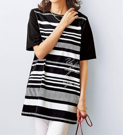 BELLUNA（ベルーナ）の「綿１００％夏映えボーダー&times;ロゴチュニック（チュニック）」