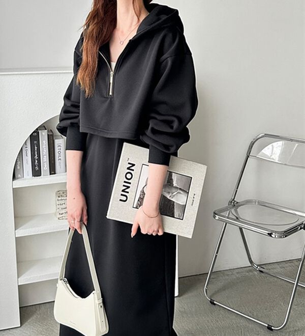 GeeRA（ジーラ）の「セットアップ風ハーフジップワンピース（カットソーワンピース）」｜詳細画像