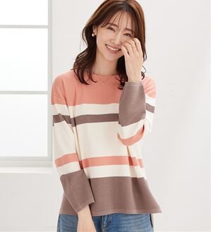 BELLUNA（ベルーナ）の「【暮らし快適ニット】ミラノリブ配色ボーダーニットプルオーバー（ニット・セーター）」｜コーラル系