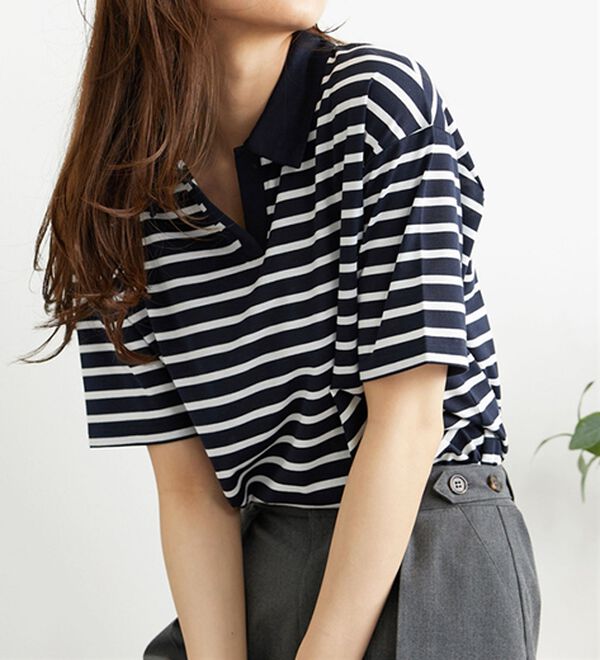 BELLUNA（ベルーナ）の「ボーダー柄スキッパーポロシャツ（カットソー）」｜詳細画像