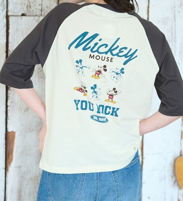 サンローラン　エディ期　激レア　ミッキーマウス コラボ　ラグラン　七分袖　XXL Disney＞【ミッキー】バックプリント7分丈ラグランTシャツ