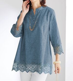 BELLUNA（ベルーナ）の「綿麻杢調素材レース使いオーバーブラウス（チュニック）」｜杢ブルー