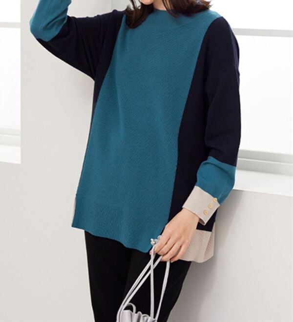 BELLUNA（ベルーナ）の「配色デザイン編地切替ニットプルオーバー（ニット・セーター）」｜詳細画像