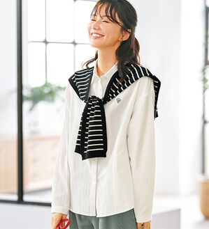 BELLUNA（ベルーナ）の「肩掛けニット&times;ビエラ起毛シャツ（シャツ）」｜オフ白&times;ボーダー