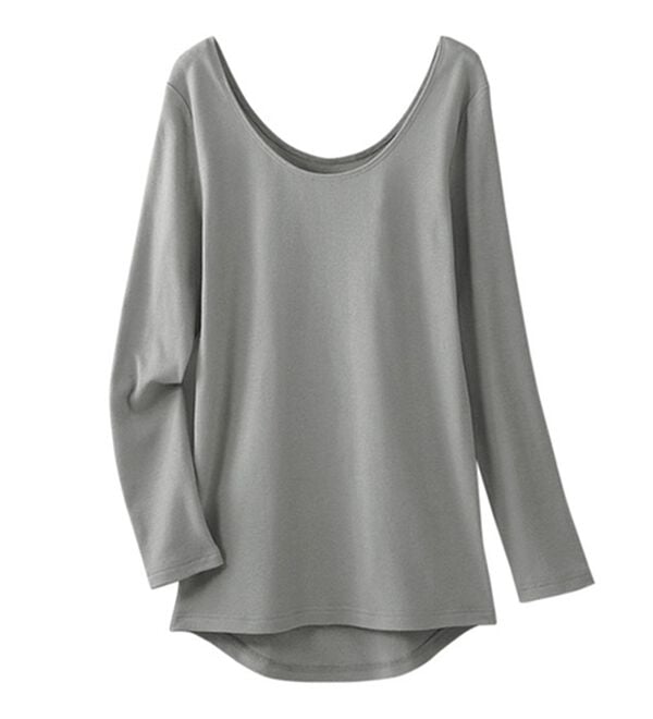 LAVIENNE（ラヴィエンヌ）の「綿１００％吸湿発熱ワイドネックあったかインナー　長袖（肌着・インナーウェア）」｜杢グレー