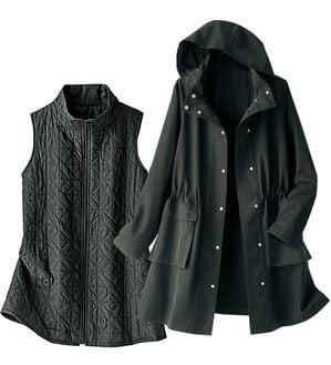 BELLUNA（ベルーナ）の「【２点セット】はっ水花粉対策！スプリングコート＋蓄熱中わたベスト２点セット（ハーフコート）」｜黒