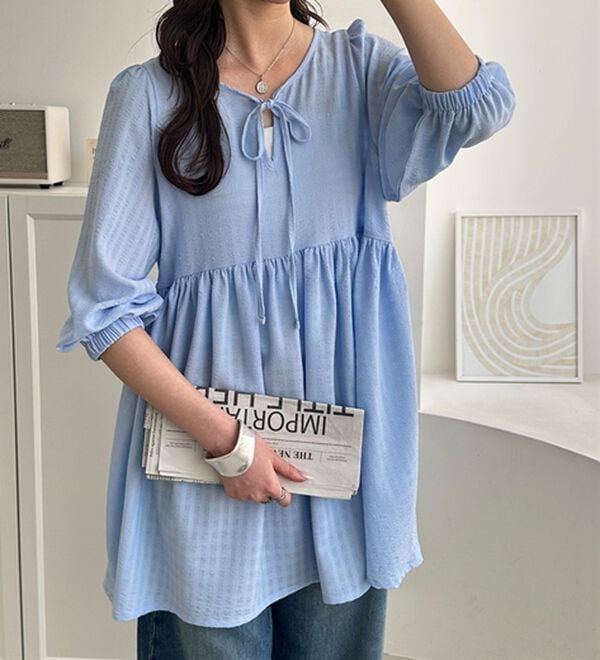 GeeRA（ジーラ）の「前後２ＷＡＹチェックペプラムチュニック（チュニック）」｜ブルー