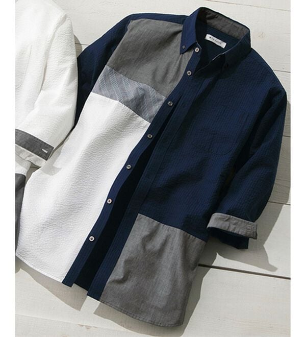 「＜ザ　ショップ　ティーケー＞異素材使いシアサッカー７分袖シャツ（メンズシャツ）」｜ネイビー