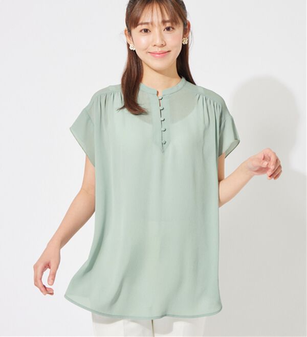 alotta（アロッタ）の「楊柳素材クルミボタンチュニックブラウス（チュニック）」｜ミントグリーン