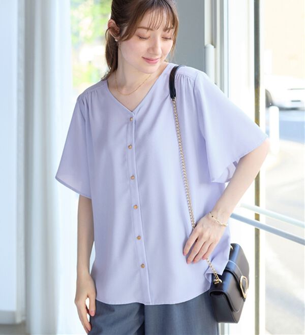 alotta（アロッタ）の「【接触冷感】ひんやり前後２ＷＡＹフレアー袖ブラウス（ブラウス）」｜サックス