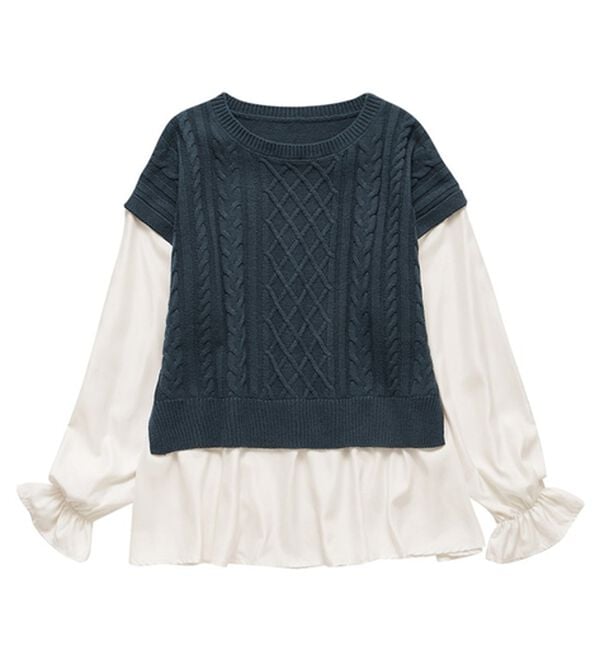 Viola e Viola（ヴィオラ エ ヴィオラ）の「１枚で重ね着が楽しめる！レイヤード風ケーブル編みニットトップス（ニット・セーター）」｜詳細画像