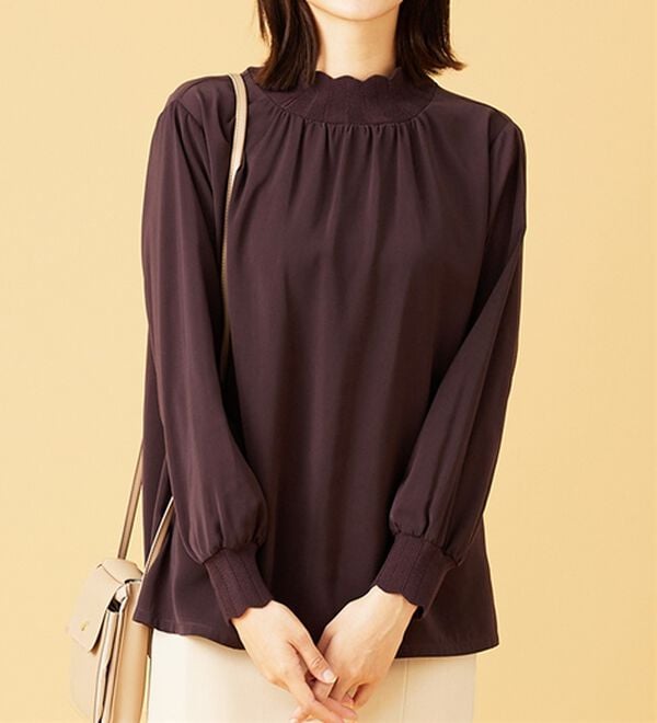 BELLUNA（ベルーナ）の「衿＆袖ニット使い美人顔ブラウス（ブラウス）」｜ワイン