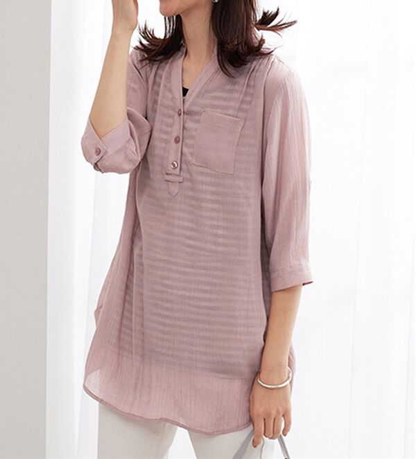 BELLUNA（ベルーナ）の「【シャツ+インナーのセット】スラブ素材ボタン使い裾タックシャツアンサンブル（アンサンブル）」｜詳細画像