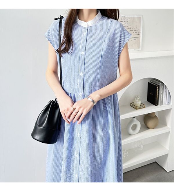 GeeRA（ジーラ）の「クレリック配色ウエストギャザーシャツワンピ―ス（シャツワンピース）」｜詳細画像