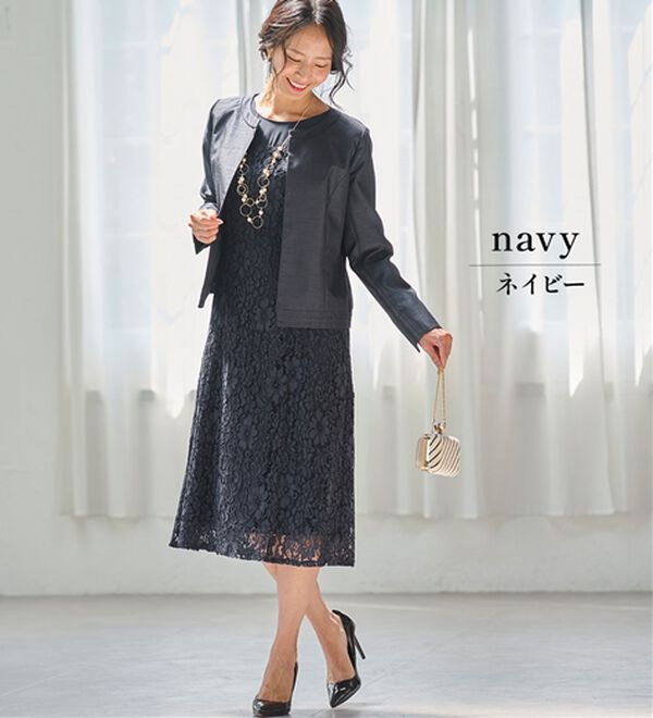 BELLUNA（ベルーナ）の「シャンタン素材ノーカラージャケットレースワンピースアンサンブル（ワンピースセットスーツ）」｜詳細画像