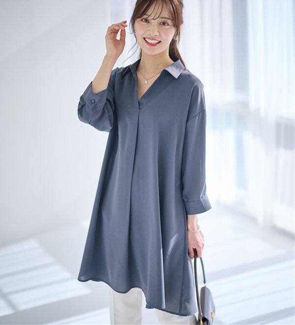 alotta（アロッタ）の「衿付きスキッパーとろみチュニックワンピース（チュニックワンピース）」｜スモーキーブルー