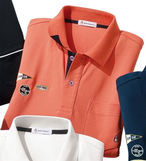 「＜ハッシュパピー＞ワッペン付配色ポロシャツ（メンズポロシャツ）」｜オレンジ