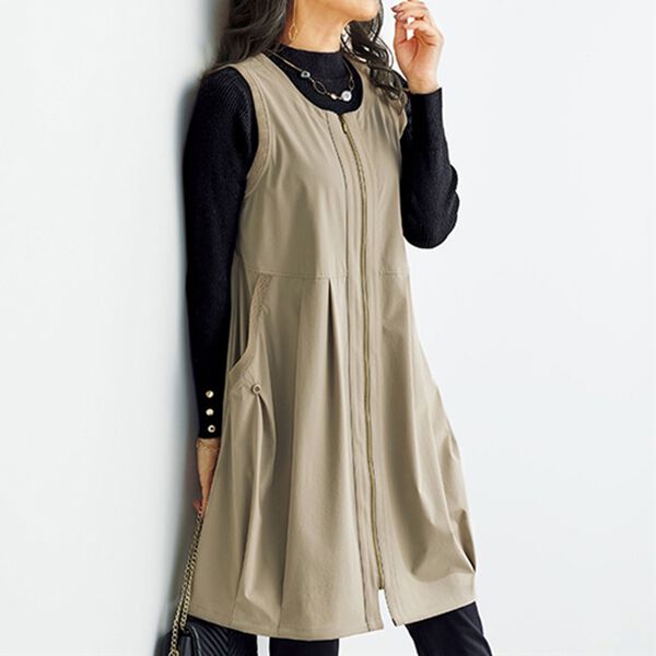 BELLUNA（ベルーナ）の「ハイテンション素材切替２ｗａｙジャンパードレス（チュニック）」｜ベージュ