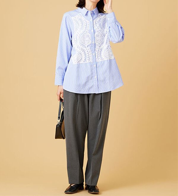 BELLUNA（ベルーナ）の「【Ｌａｇｒｉｌｕａ】レース使いストライプシャツチュニック（チュニック）」｜詳細画像