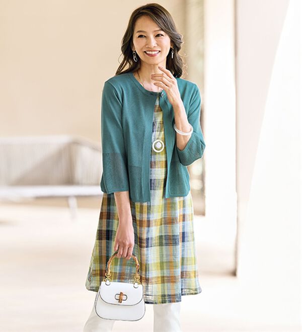 BELLUNA（ベルーナ）の「綿１００％スラブ素材先染チェックアンサンブル（チュニック）」｜グリーン系