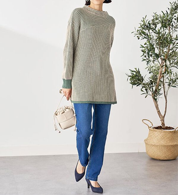 BELLUNA（ベルーナ）の「ボタン使いストライプジャカード切替ニットチュニック（チュニック）」｜詳細画像