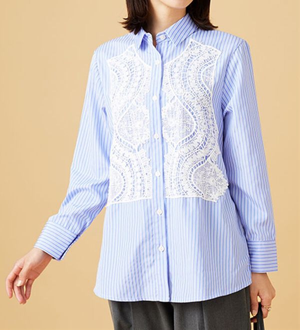 BELLUNA（ベルーナ）の「【Ｌａｇｒｉｌｕａ】レース使いストライプシャツチュニック（チュニック）」｜詳細画像