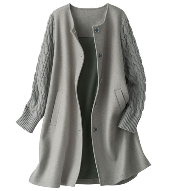 BELLUNA（ベルーナ）の「ケーブルニット使いフェイクウールコート（ハーフコート）」｜杢グレー