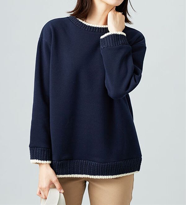 BELLUNA（ベルーナ）の「裏起毛素材ニット切替プルオーバー（カットソー）」｜ネイビー