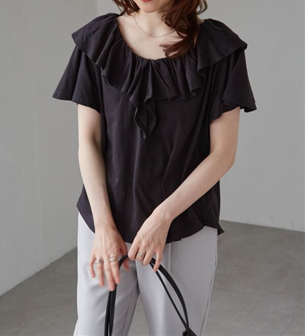 RANAN（ラナン）の「ひんやり！綿１００％フリル衿カットソープルオーバー（カットソー）」｜詳細画像