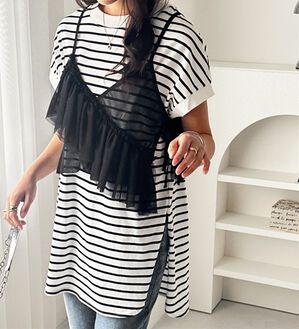 GeeRA（ジーラ）の「綿１００％フレンチスリーブチュニックＴシャツ（カットソー）」｜白系ボーダー