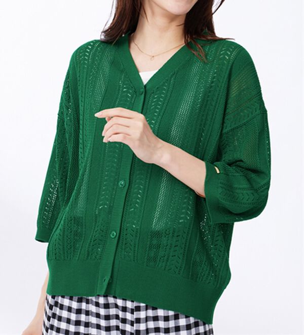 BELLUNA（ベルーナ）の「麻タッチ透かし編５分袖ニットカーディガン（ニットカーディガン）」｜詳細画像