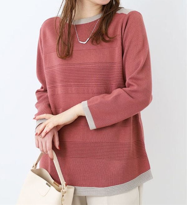 BELLUNA（ベルーナ）の「ミラノリブ配色ニットプルオーバー（ニット・セーター）」｜コーラル系