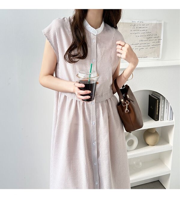 GeeRA（ジーラ）の「クレリック配色ウエストギャザーシャツワンピ―ス（シャツワンピース）」｜詳細画像