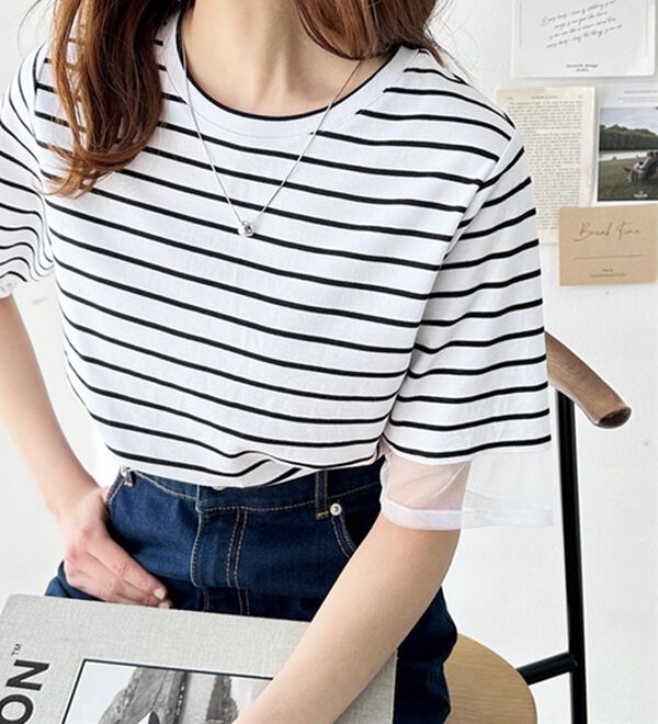 GeeRA（ジーラ）の「綿１００％袖シアー切替シルケットＴシャツ（Tシャツ）」｜詳細画像