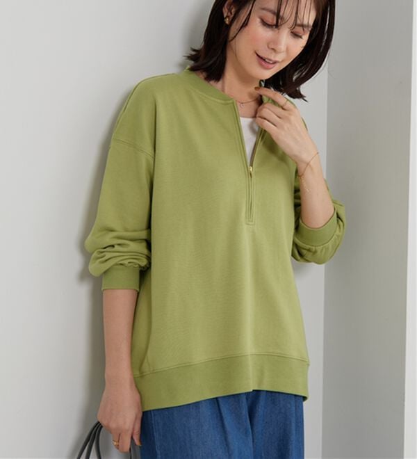 BELLUNA（ベルーナ）の「リブ使いハーフジップ裏毛プルオーバー（カットソー）」｜ライムグリーン