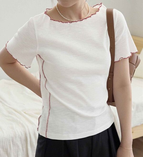 CHAN ME（チャンミ）の「配色ボートネックメロートップス（Tシャツ）」｜ホワイト