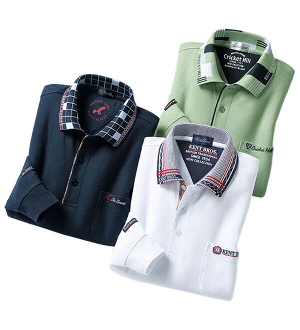 「【３色組】衿デザインジャカードブランドポロシャツ（メンズポロシャツ）」｜3色組