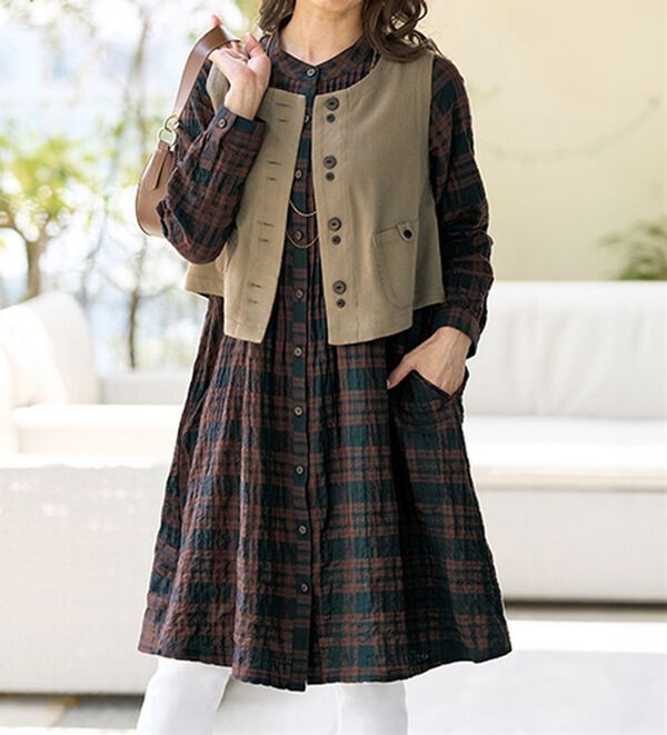 アメリヴィンテージ 21SS チュニック 長袖 ニット F 茶 秋の旅行に絶対ほしい！》ガーゼ調ワッシャー先染チェックチュニック