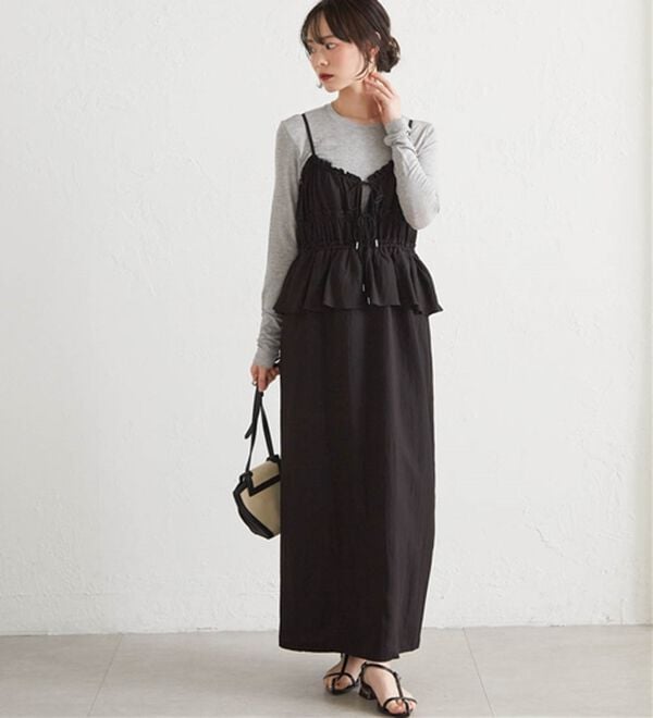 RANAN（ラナン）の「リボンギャザーペプラムナローワンピ（その他ワンピース）」｜ブラック