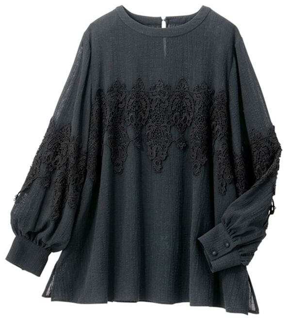 VINNO（ヴィノ）の「レースモチーフ綿楊柳ブラウス（ブラウス）」｜ブラック