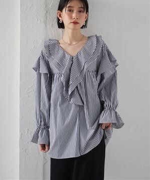 RANAN（ラナン）の「ビッグカラーフリルブラウス（ブラウス）」｜ストライプ