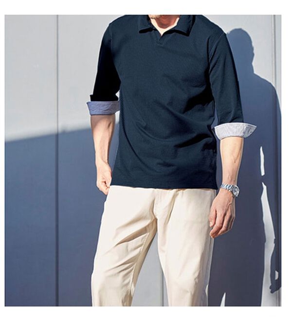 「＜ニコル　モリソン＞お洒落な７分袖スキッパーポロシャツ（メンズシャツ）」｜詳細画像