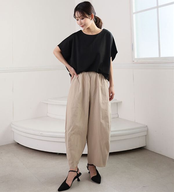 A HAPPY MARILYN（アハッピーマリリン）の「【Ｌ～８Ｌ】綿１００％ さらっと優しいコットン バレルレッグパンツ カーブパンツ 選べる２丈（ワイドパンツ・ガウチョ）」｜詳細画像