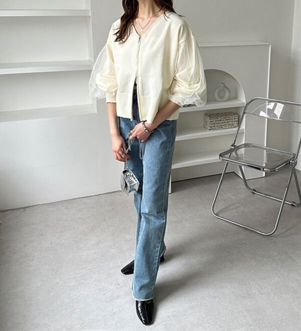 GeeRA（ジーラ）の「チュール袖ダブルジップカーディガン（ニットカーディガン）」｜詳細画像