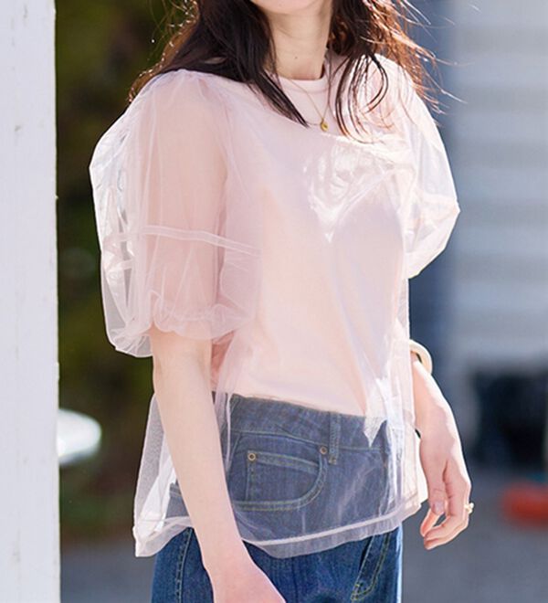 RANAN（ラナン）の「【ひんやり】チュールレイヤードパフスリーブTシャツ（カットソー）」｜詳細画像