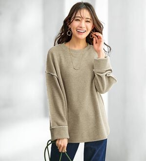 BELLUNA（ベルーナ）の「ニットソー素材ブランケットステッチプルオーバー（カットソー）」｜杢ベージュ
