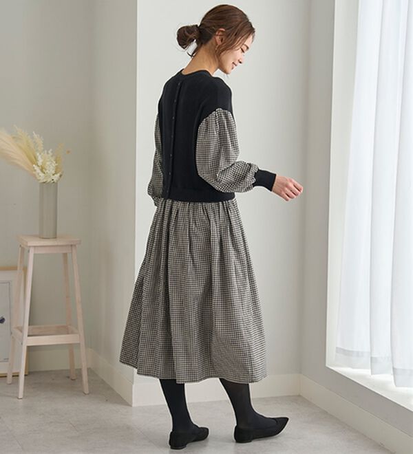 BELLUNA（ベルーナ）の「＜＆ｃｏｃｏｃｈｉ＞ニット切替チェック柄ワンピース（ドッキングワンピース）」｜詳細画像